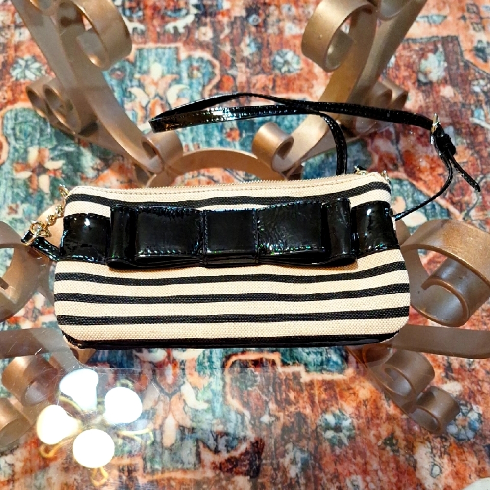 Striped Black and Khaki Shoulder Bag with Bow - Kate Spade - EUC